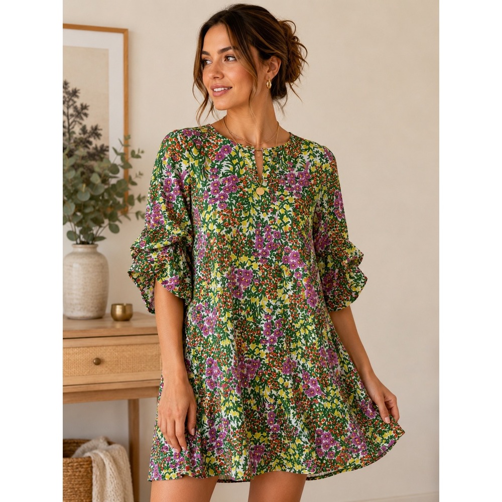 Banjanan Silk Floral Mini Dress Ruffle Sleeve Multicolor Green Pink Size M‎
